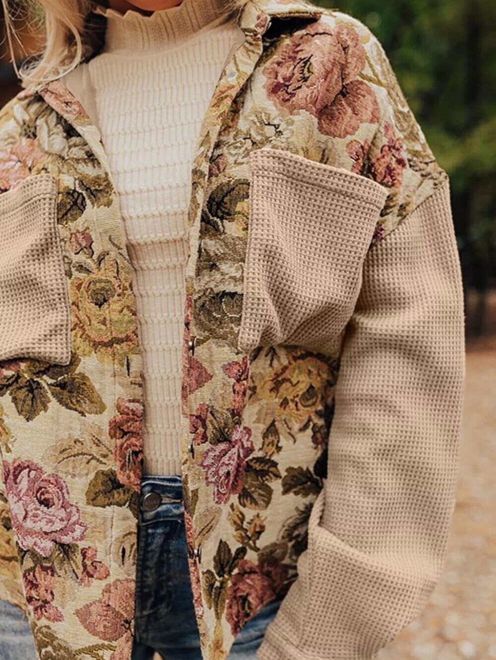 Floral Waffle Knit Patchwork Chest Pockets Buttoned Jacket - Picture 8 of 13